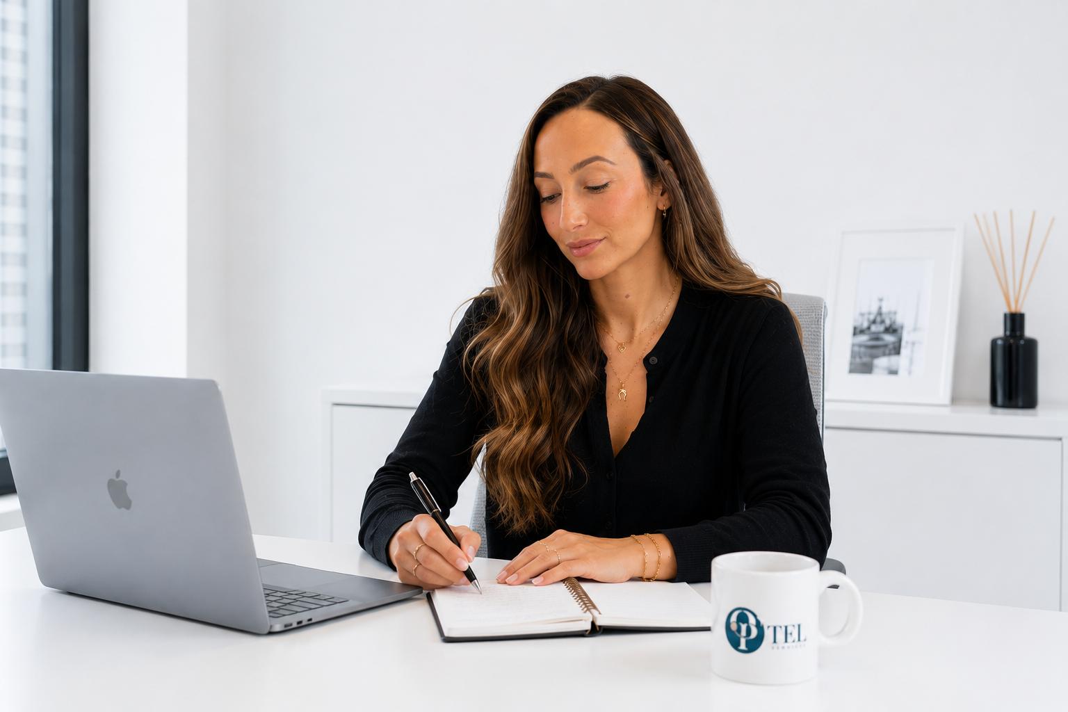 Eva De Grégorio, secrétaire externalisée Optel Services, prend des notes à son bureau